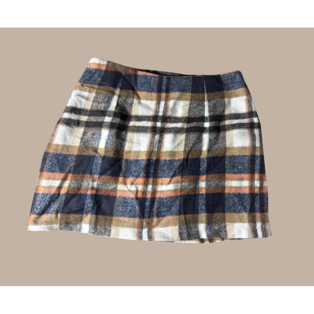 Size L Plaid blue and brown wool and polyester miniskirt Preppy Fall Winter Cozy